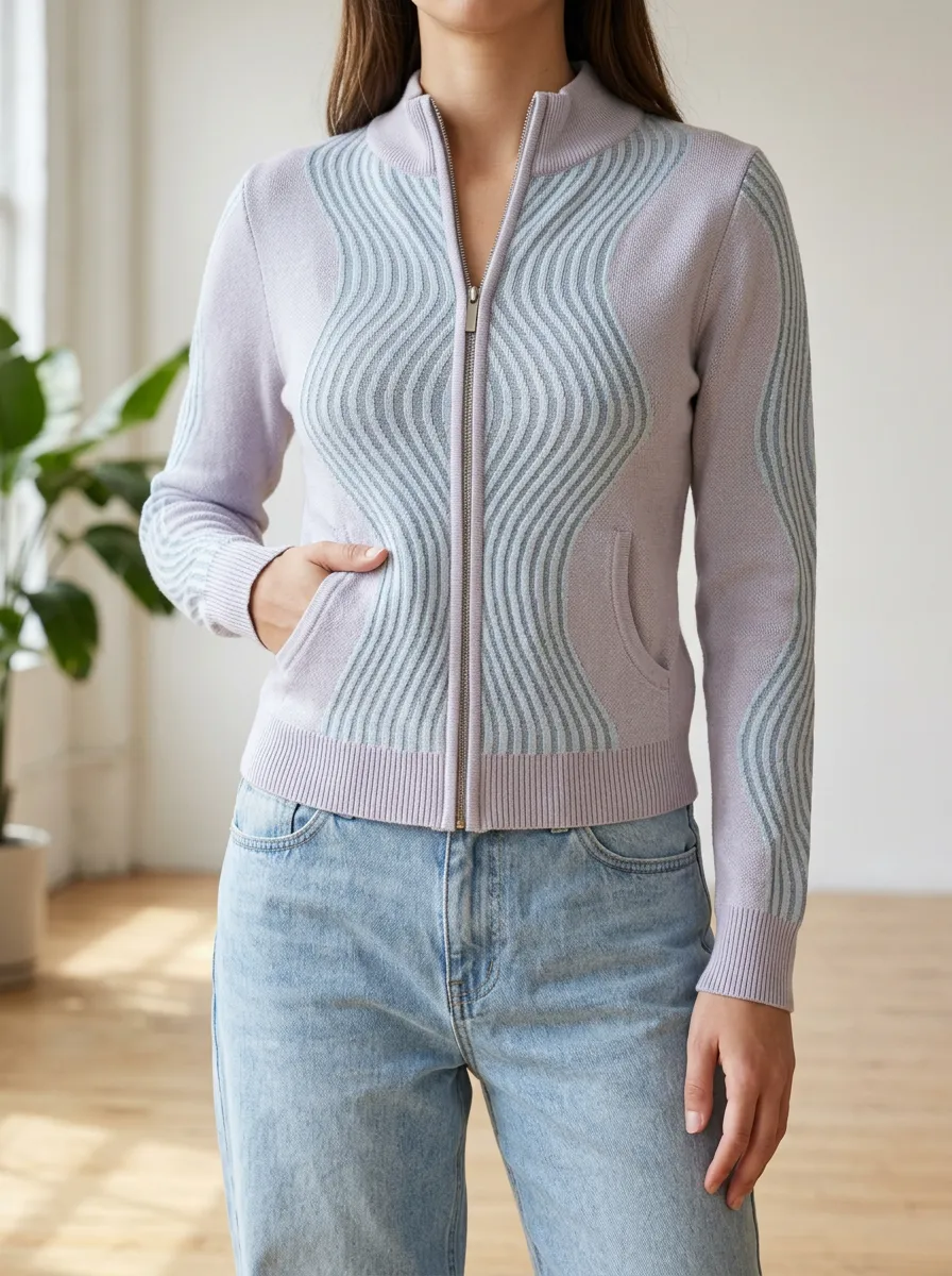 Women's Abstract Wavy Pattern Printed Zip-up Cardigan