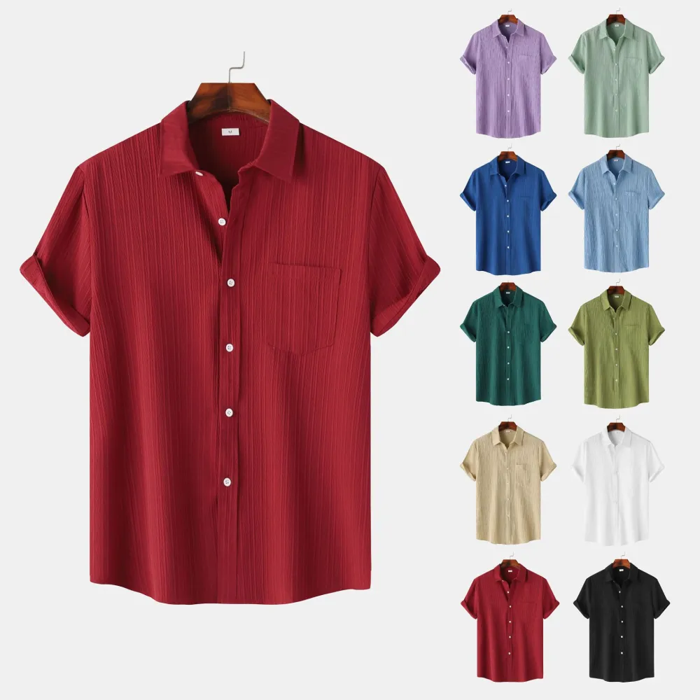 2025 Summer New Men'S Solid Color Lapel Short Sleeve Shirt Men