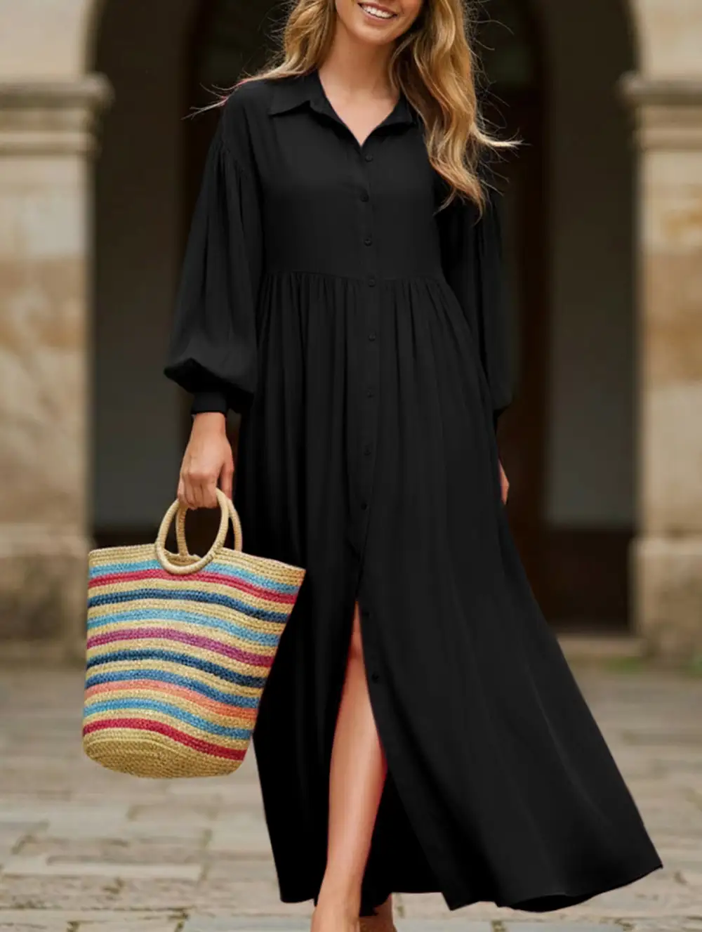 Button-Down Lapel Pleated Long-Sleeve Maxi Dress