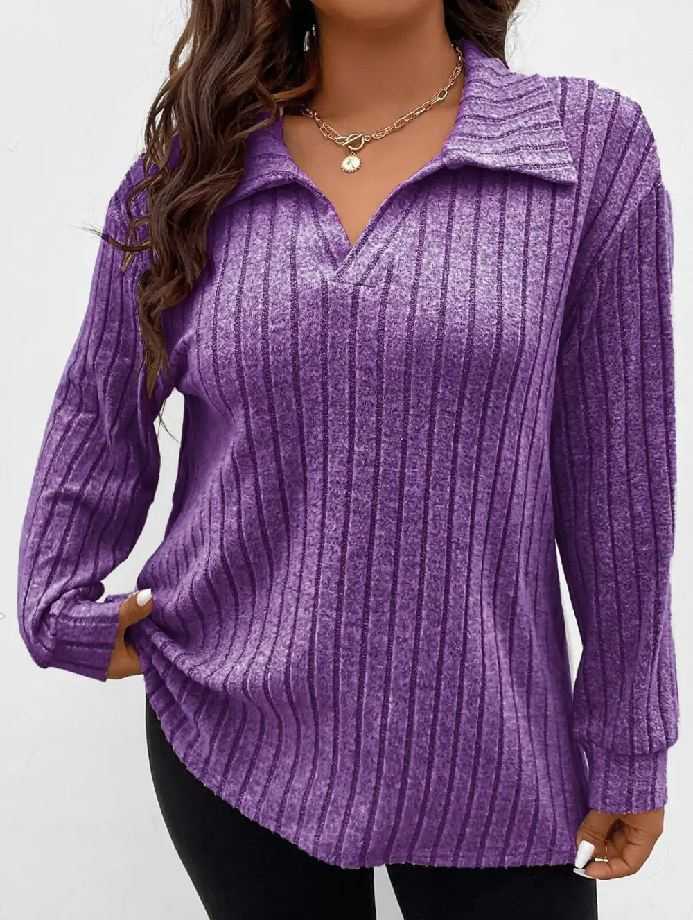 Plus Size Ribbed V-Neck Long Sleeve Tee