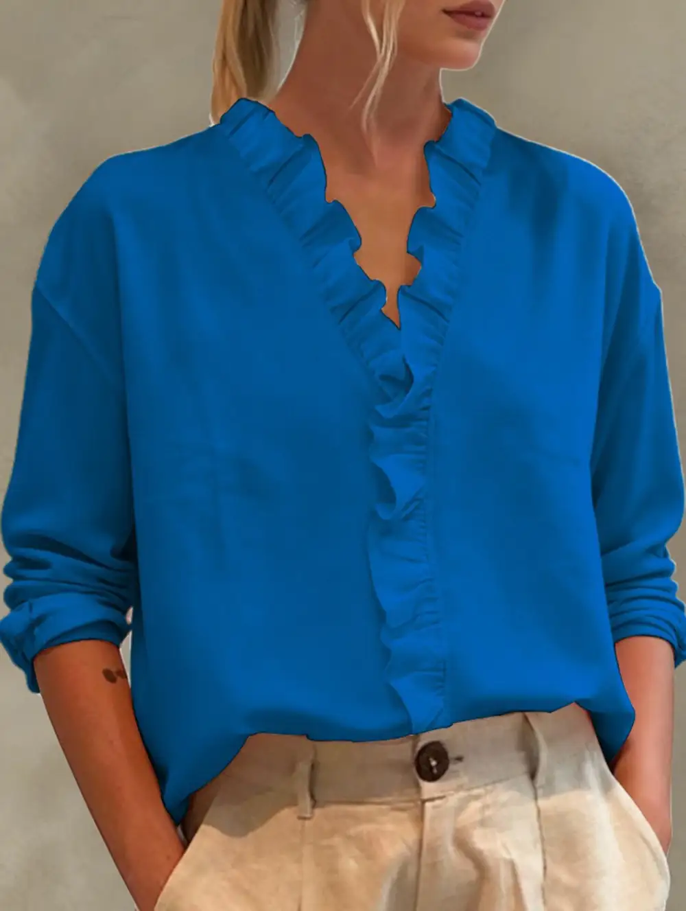 Ruffle V-Neck Long Sleeve Blouse