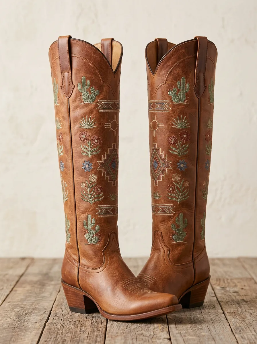 Women's Western Cactus Floral Geometric Embroidered Almond-Toe Block-Heel Denim Over-the-Knee Boots