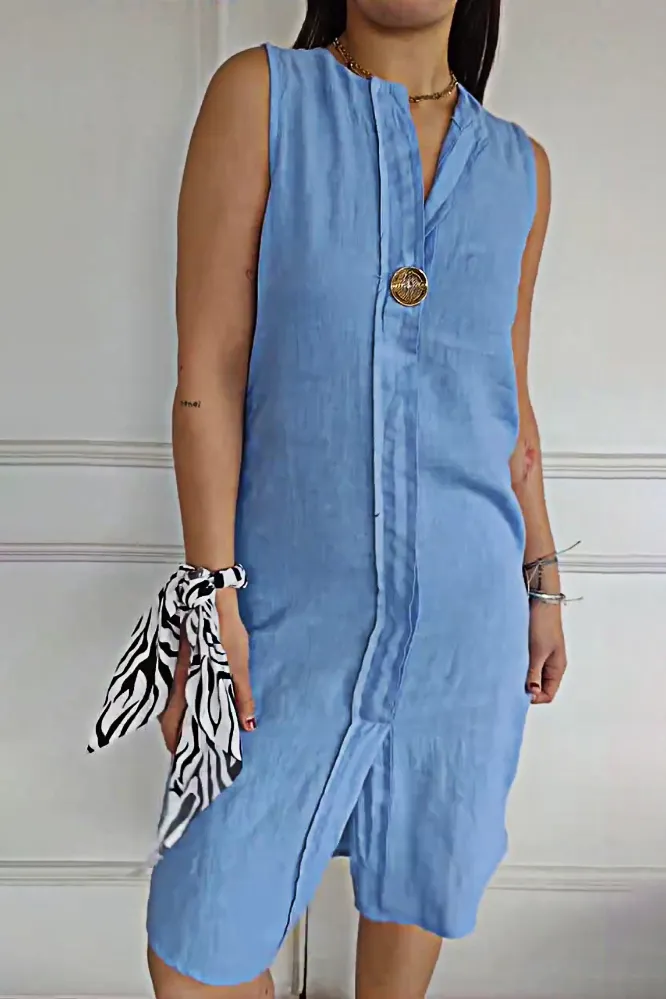 9PACK-Cotton And Linen Button Sleeveless Dress