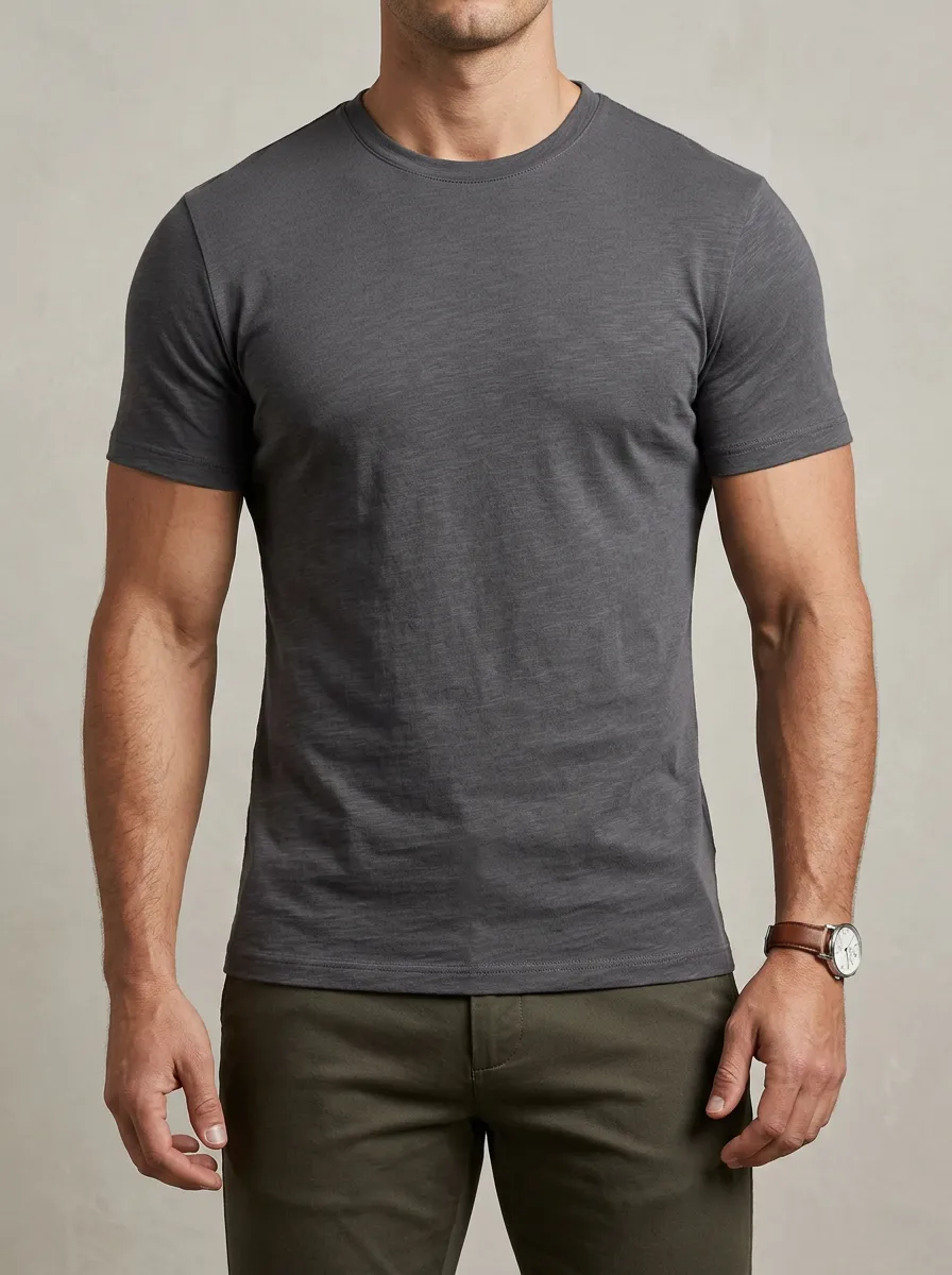 Streamlined Ribbed Textured Crew Neck Finish Men's Slim Fit Short Sleeve T-Shirt