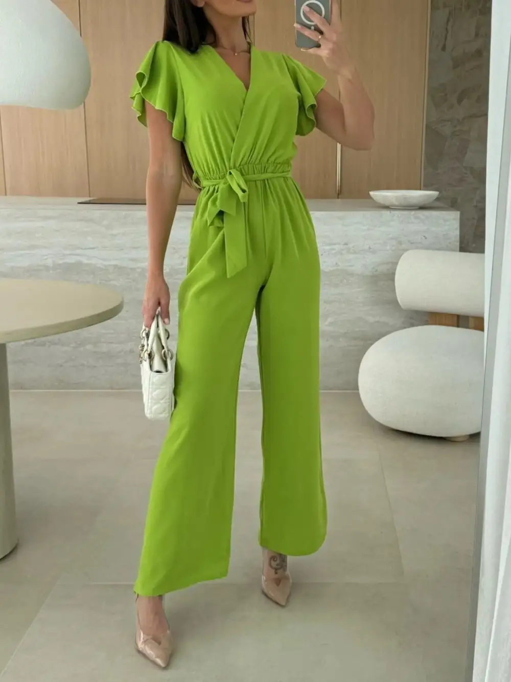 Surplice Wide Leg Belted Jumpsuit Pants