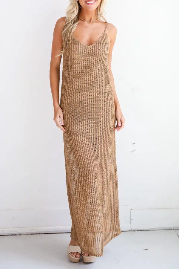 Taupe Crochet Knit Maxi Dress