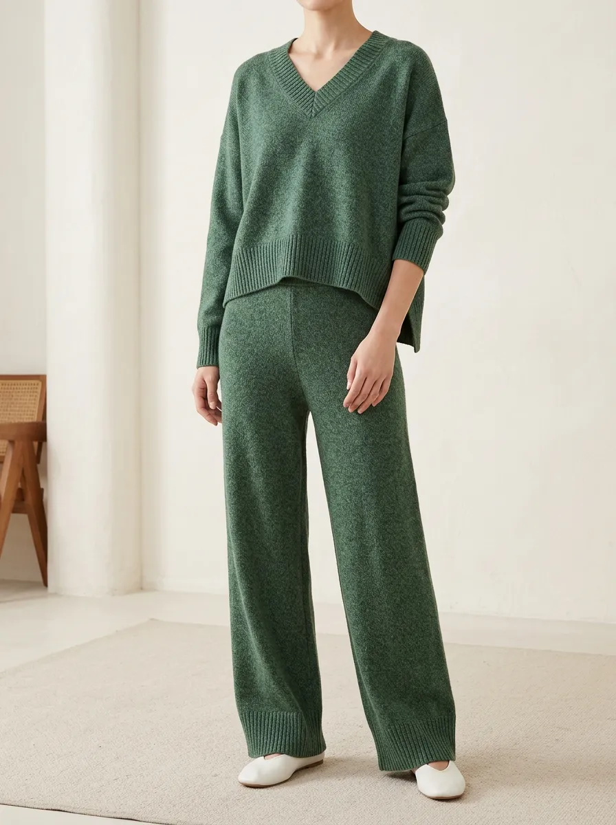 Modern Casual Matching Knit Sweater and Wide Leg Pants