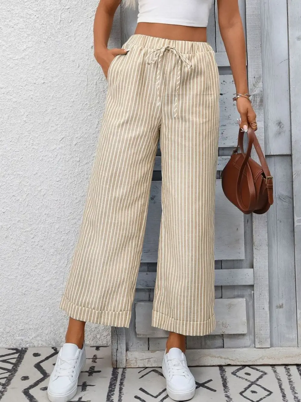 Wide Leg Striped Drawstring Pocketed Pants