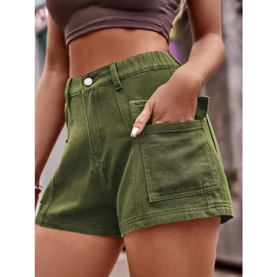 Textured High Waist Denim Shorts with Pockets