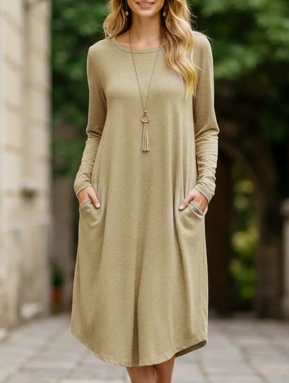Midi-Length Round Neck Long-Sleeved Dress