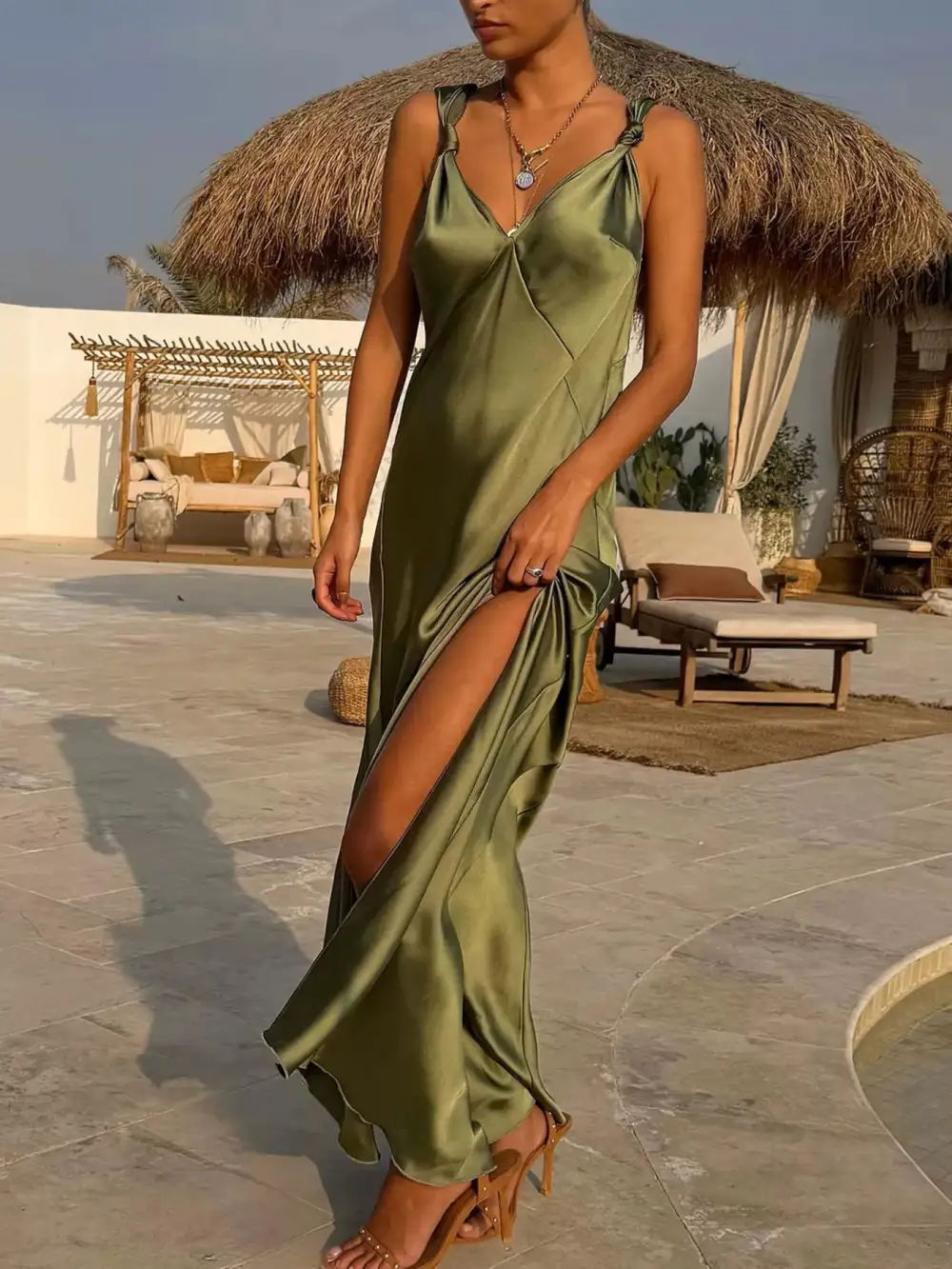 Satin V Neck Slit Maxi Dress