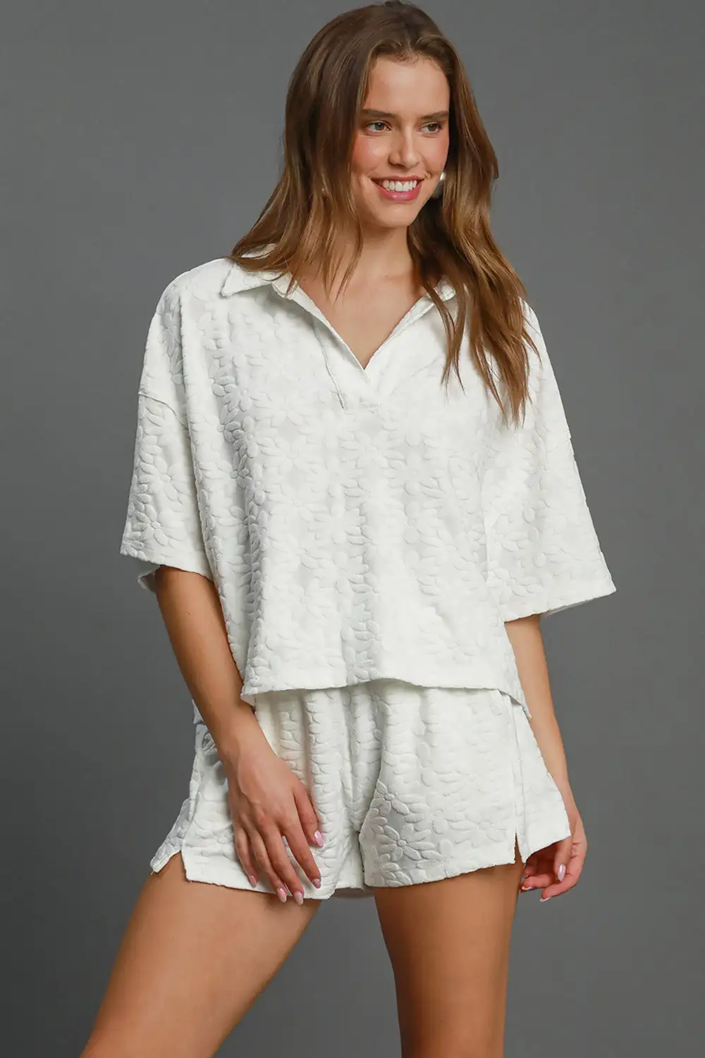 Floral Elastic Waist Jacquard Pocket Detail Shorts