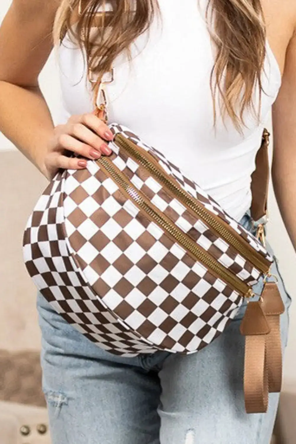 Checkered Wide Strap Crossbody Bag