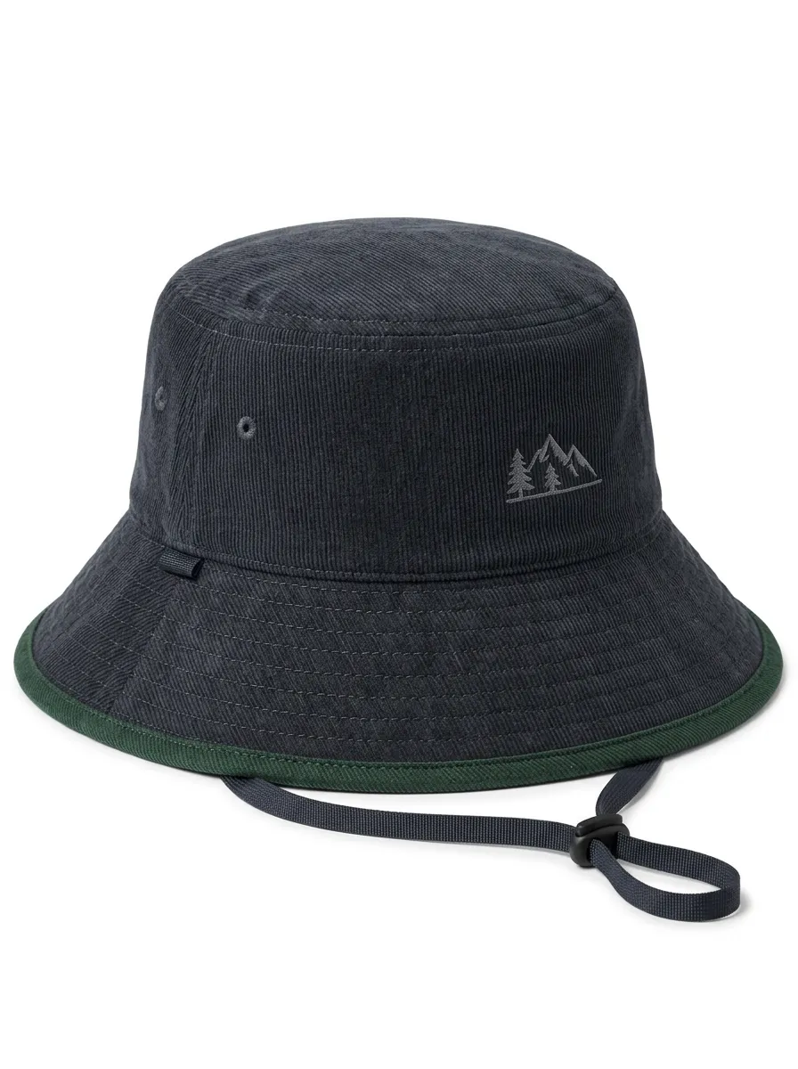 Nature Motif Corduroy Bucket Hat with Mountain and Pine Tree Embroidered Detail