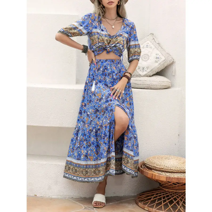 Ditsy Floral Tie Neck Top and Slit Skirt Set