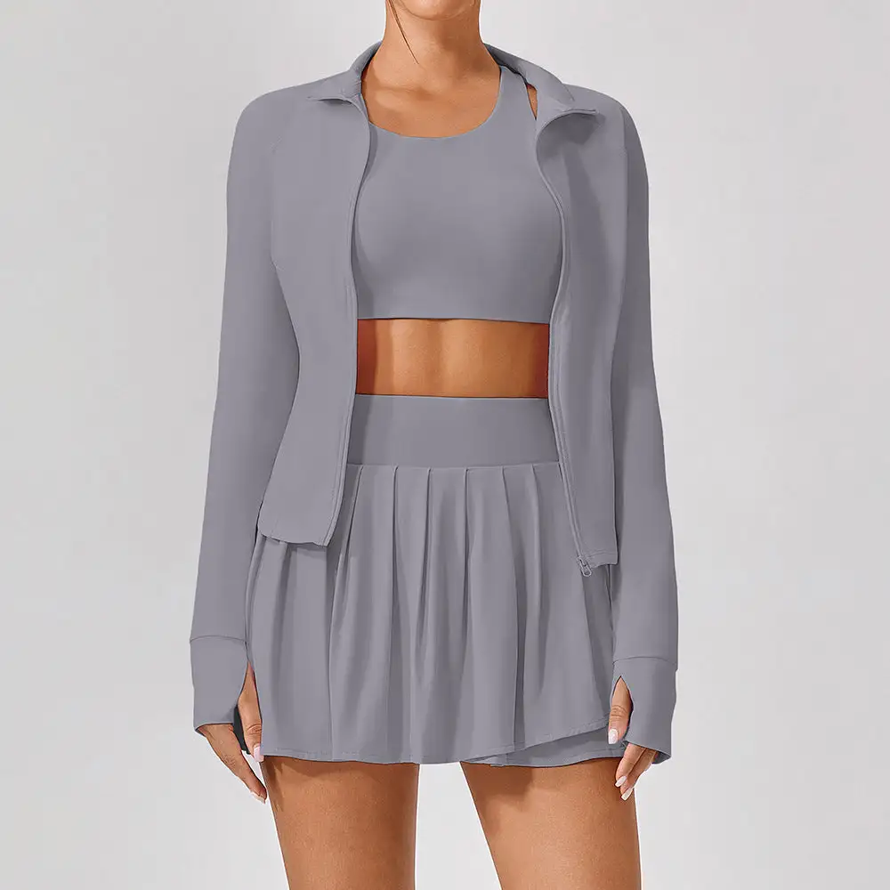 Backless Sleeveless Jacket, Bra and Skort Active Set