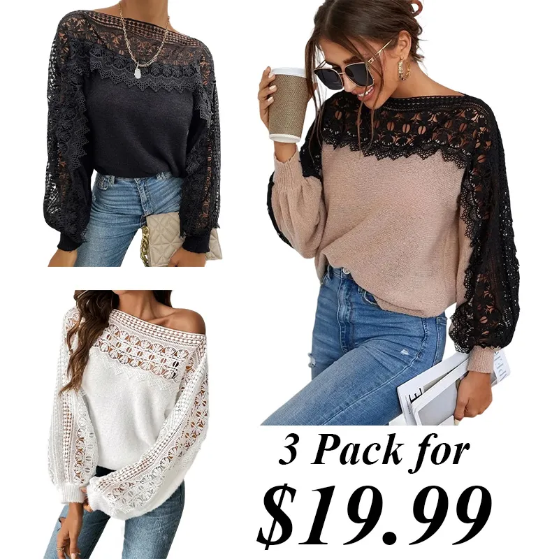 Women'S Lace Stitching Casual Long-Sleeved Top
