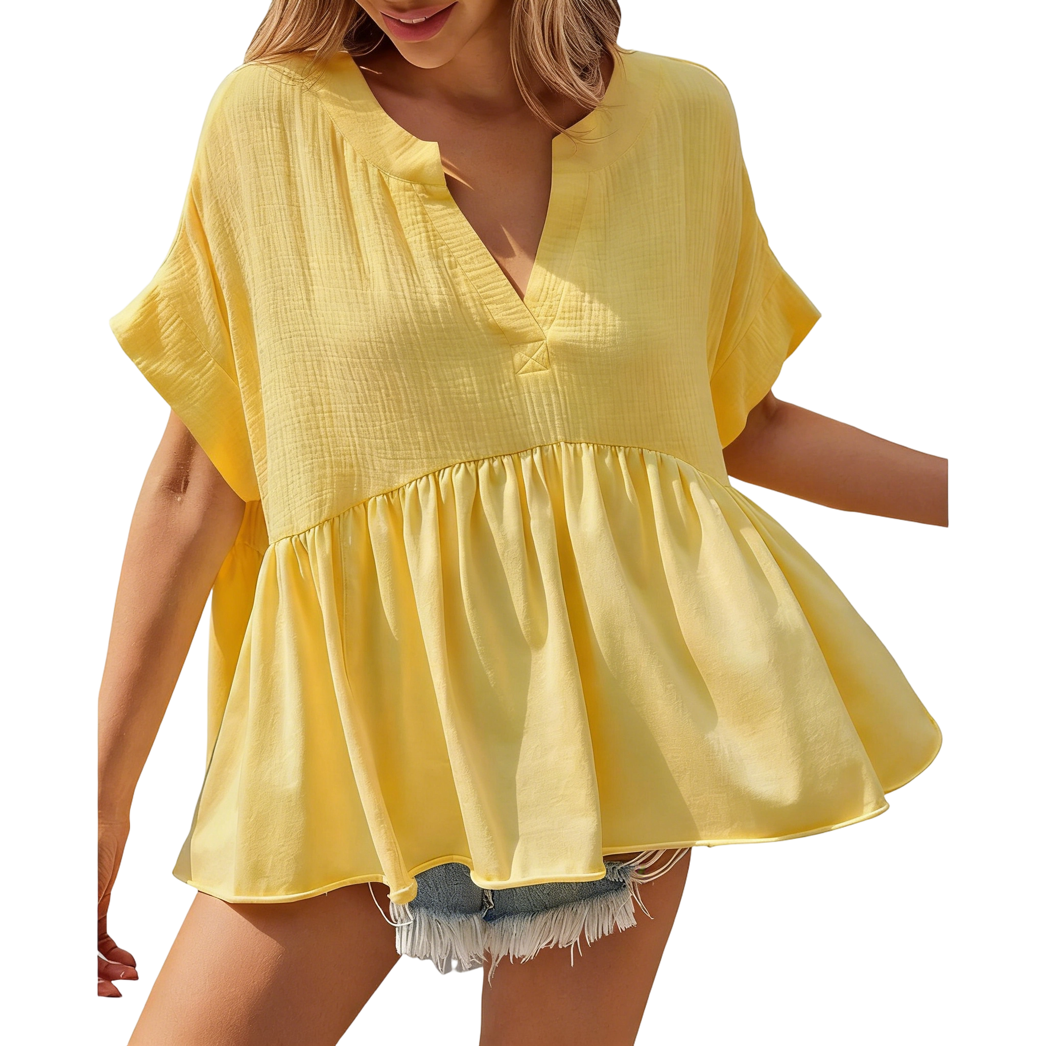 🔥 Women's Summer V-Neck Babydoll Tops | Short Sleeve Pleated Flowy Blouse