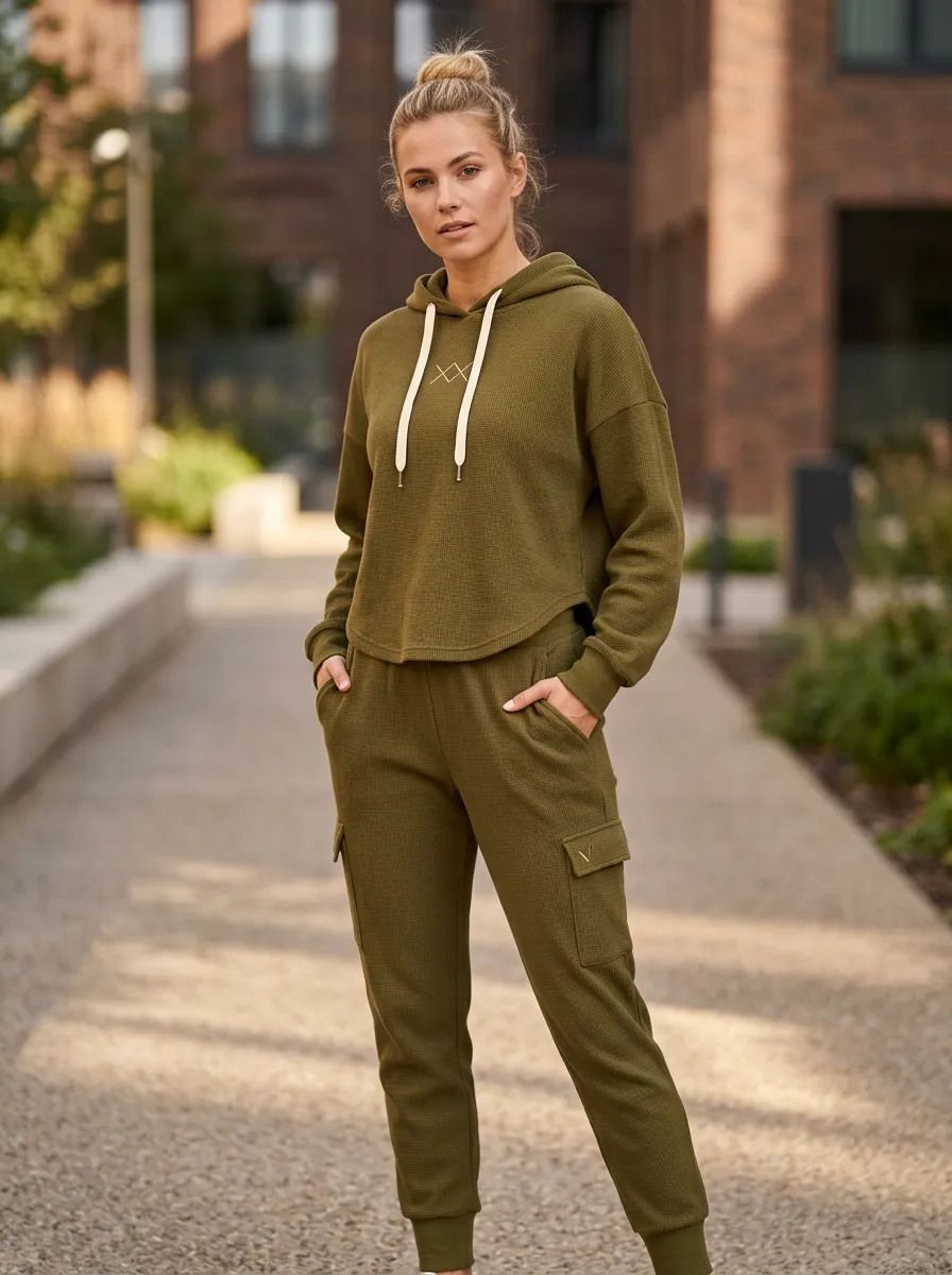 Women's Olive Waffle Knit Embroidered Logo Hooded Tracksuit