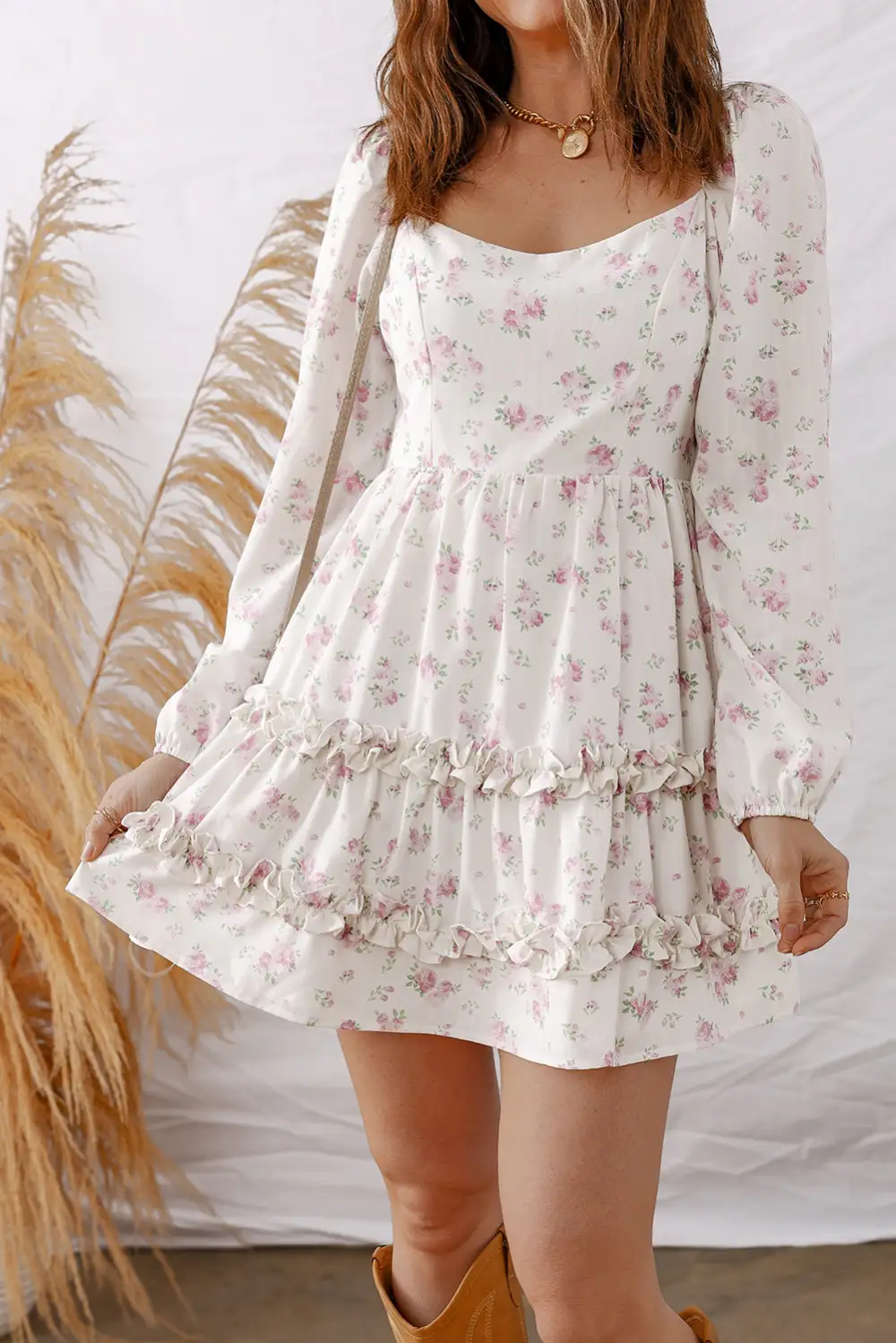 Smooth Finish Floral Printed Ruffle Mini Dress