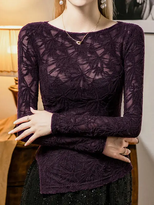 Long Sleeve Curve Fit Cutout Sheer Side Slit Round Neck T-Shirt