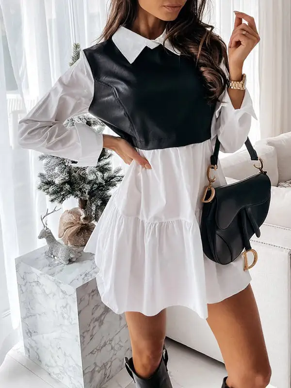 Long Sleeve Relaxed Contrast Color Pleated Split Joint Lapel Mini Dress