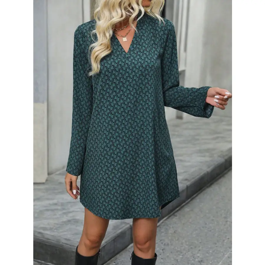 Printed V Neck Long Sleeve Mini Dress