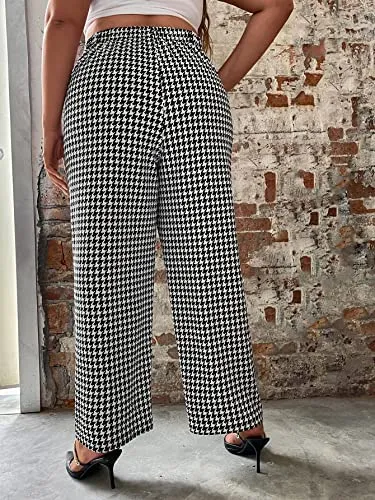Plus Size Houndstooth Print High Waist Wide Leg Button Front Pants
