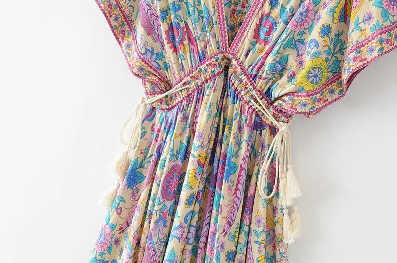 Wild Peacock & Flowers V-Neck Maxi Dress