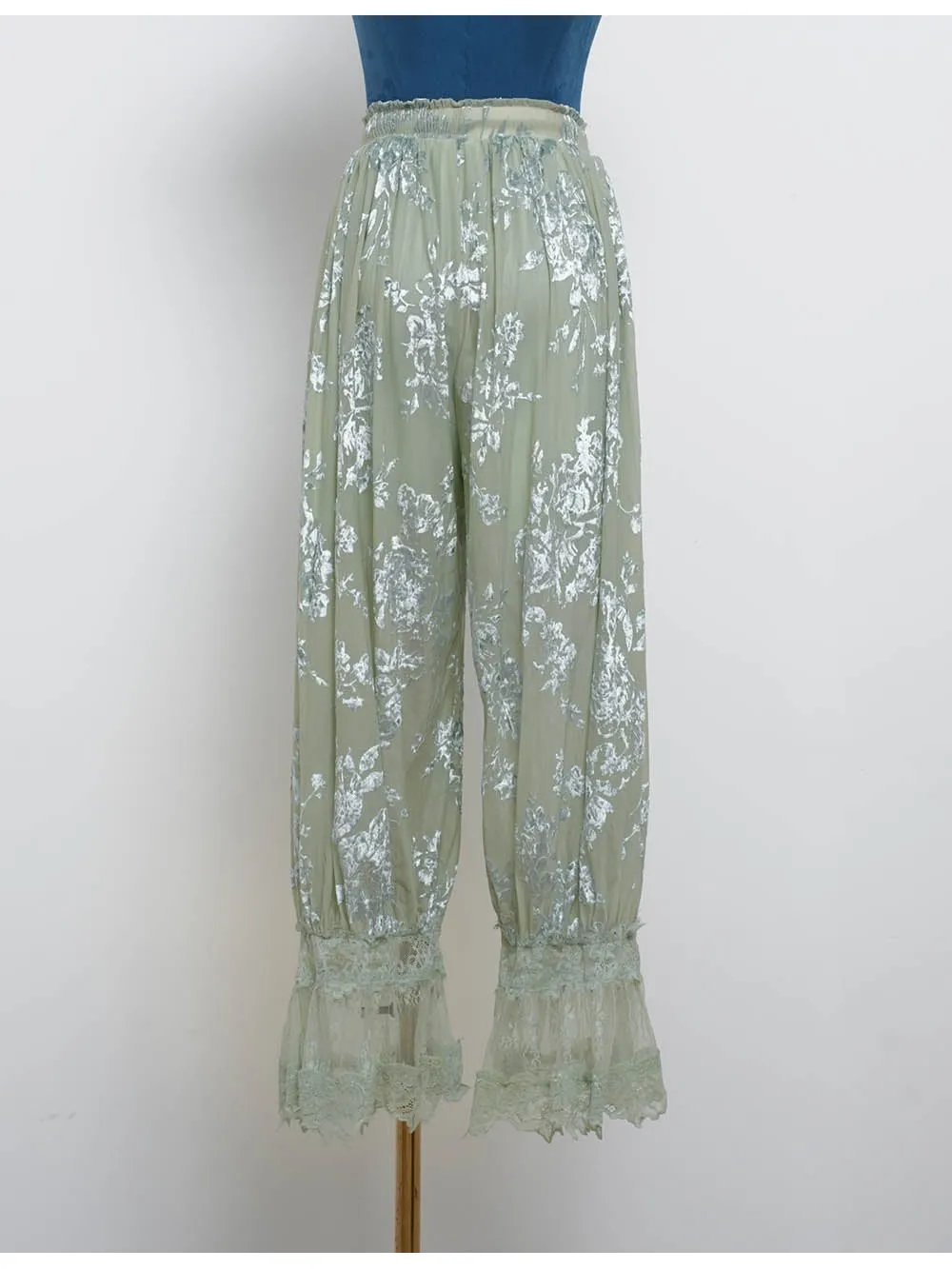 Lace Hem Flocked Elastic Waist Lantern Pants