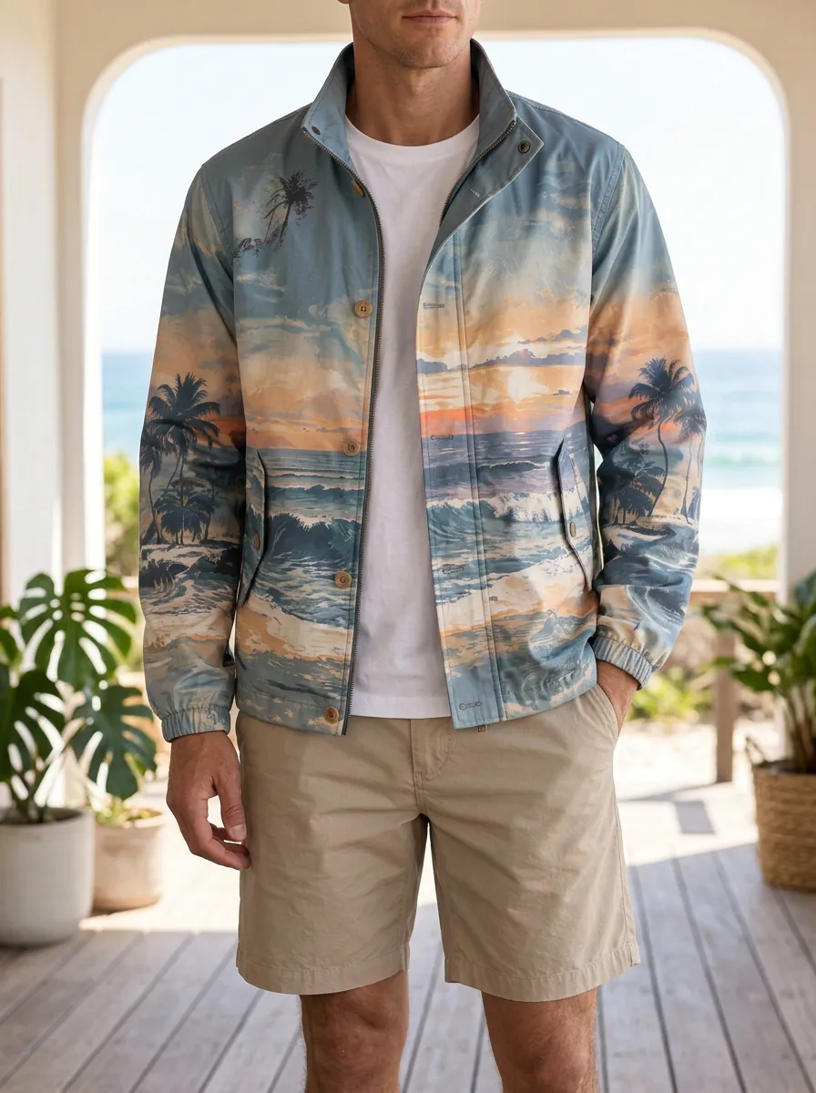 Men's Tropical Beach Sunset Palm Tree Rugged Adventure Jacket