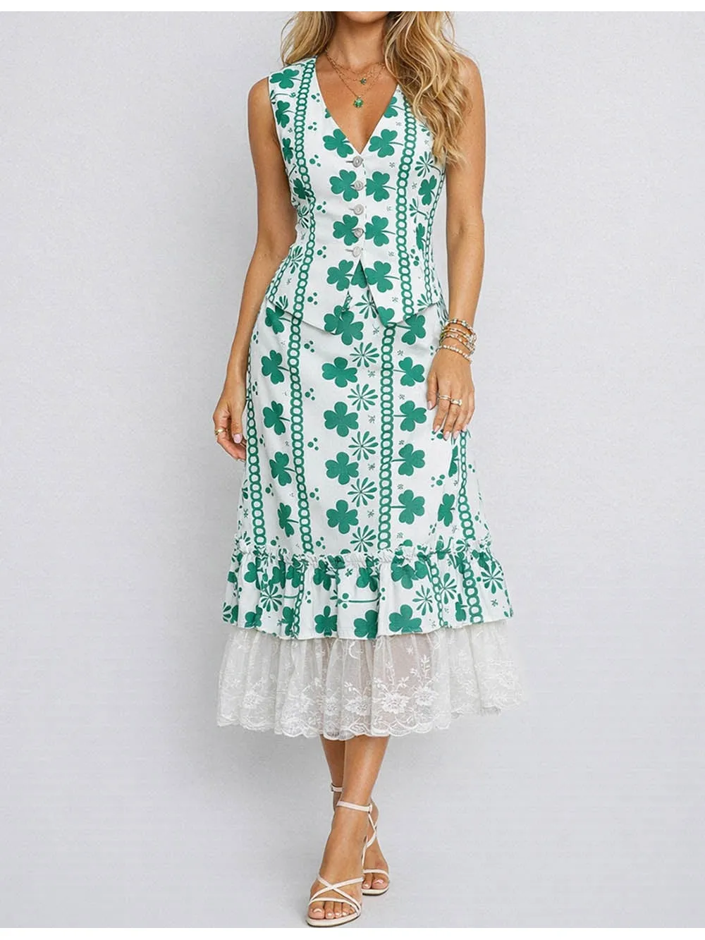 St Patrick Day Clover Ruffle Lace Hem Maxi Skirt