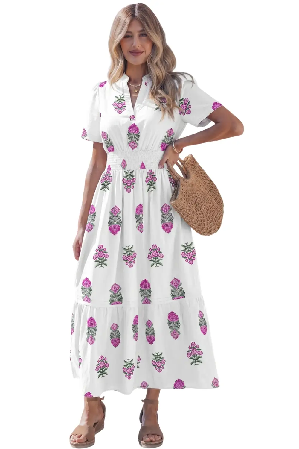 Polished Detail Floral Printed Split Neck Maxi Dress