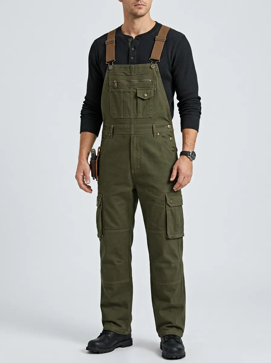 Men's Olive Green Multi-Pocket Cargo Overalls