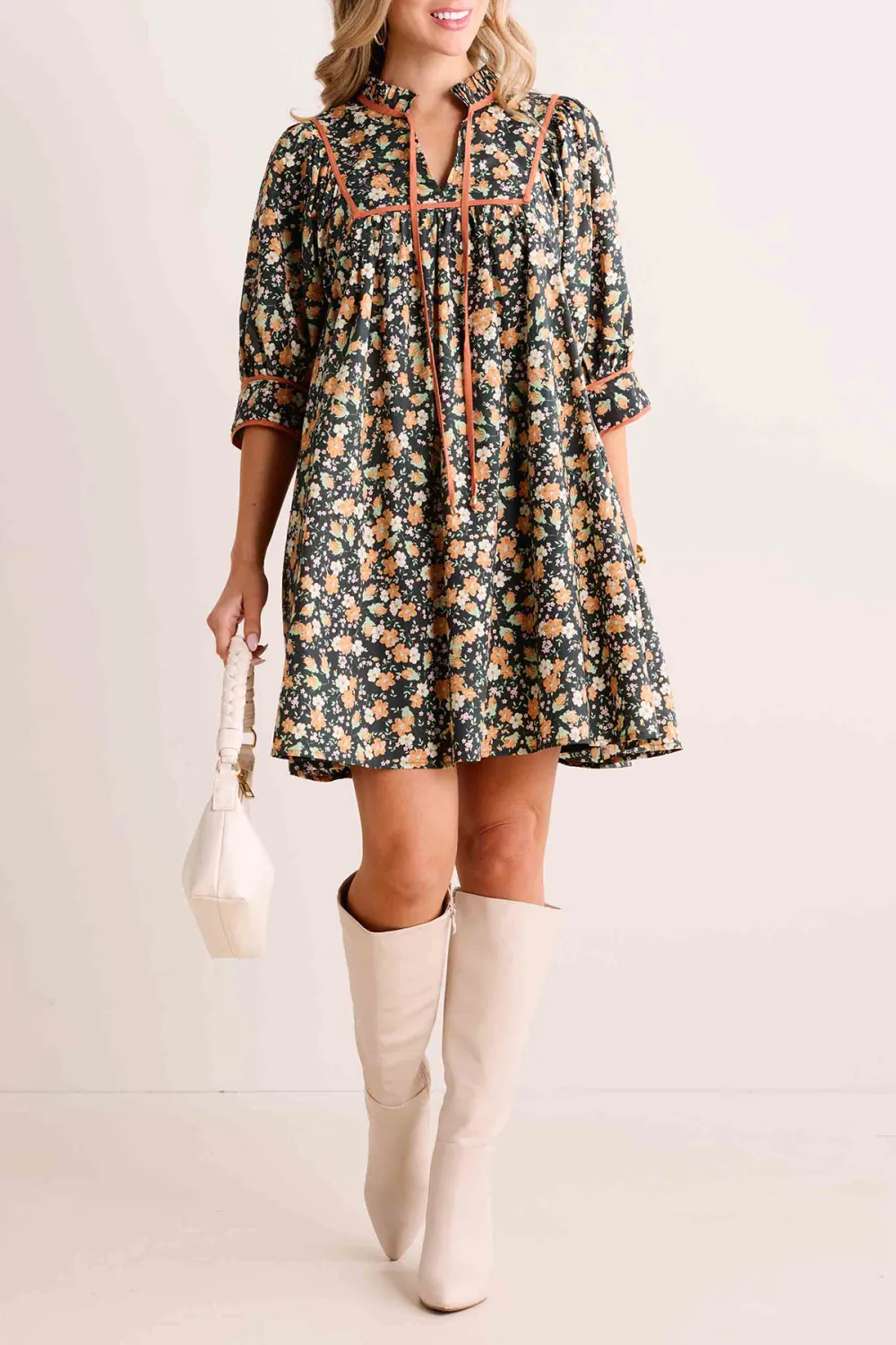 Floral Print Stand Collar Dress