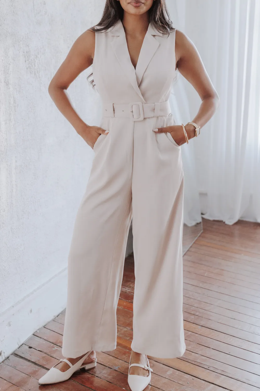 Classic V-Neck Collared Belted Wide-Leg Pocket Jumpsuit