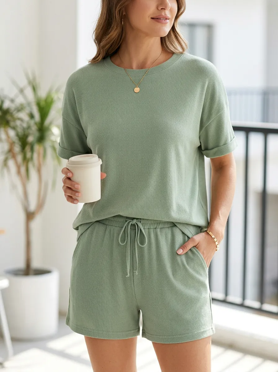 Comfy Ribbed-Knit Short-Sleeve Lounge Set