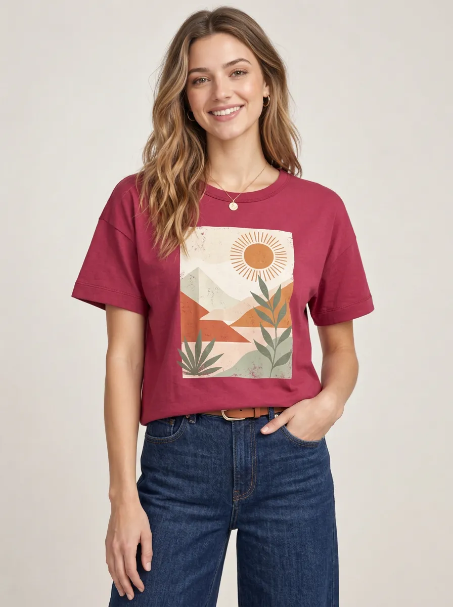 Women's Boho Sun Mountain Plant Relaxed Printed Tee