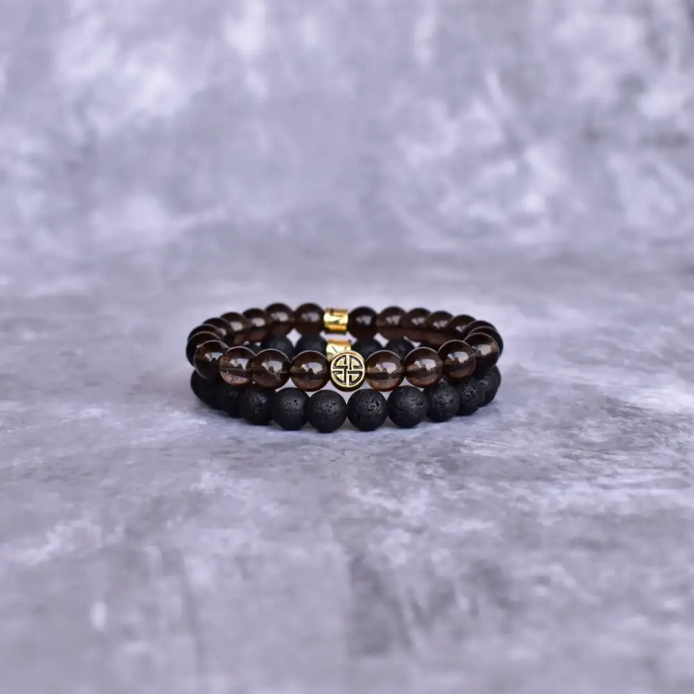 Celtic Knot Dual-Stone Lava Smoky Quartz Bead Bracelet