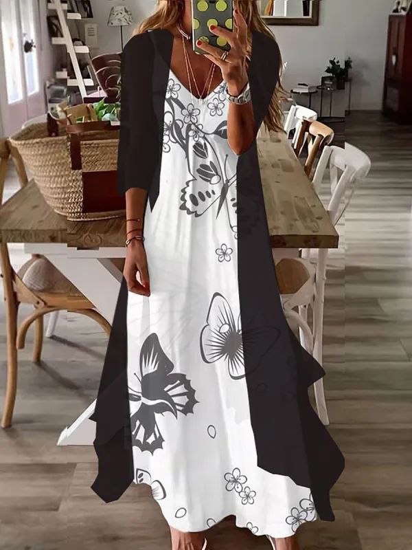 V-neck Casual Loose Floral Print Suit Maxi Dress