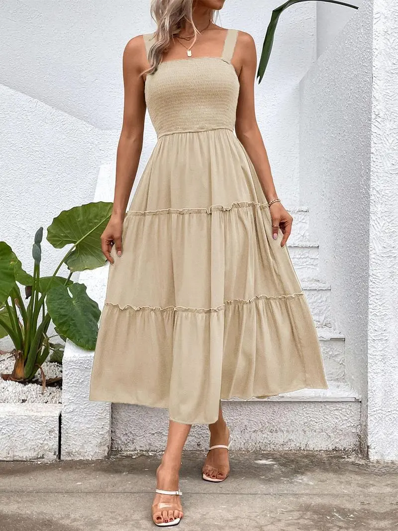 Women'S Frill Trim Ruffle Hem Shirred Backless Sundress Cami Dress, Sleeveless A Line Long Dress, Women'S Clothing For Summer Beach Holiday, Boho Clothes Women, Vintage Girly Clothes,