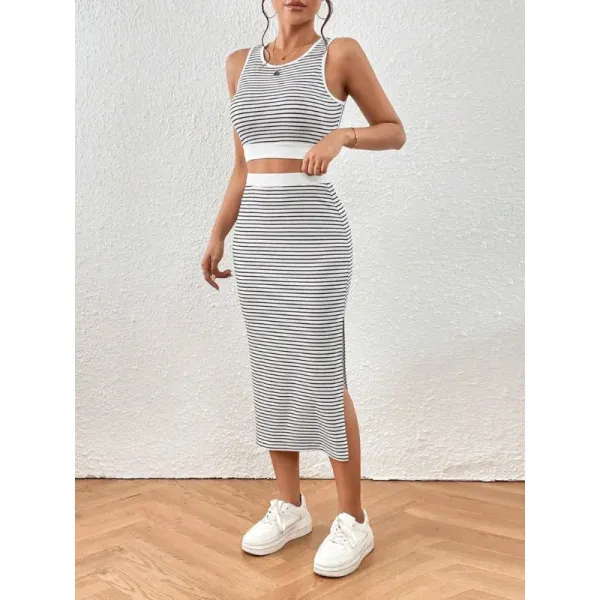 Women's Striped Print Crop Top & Skirt Two-Piece Set