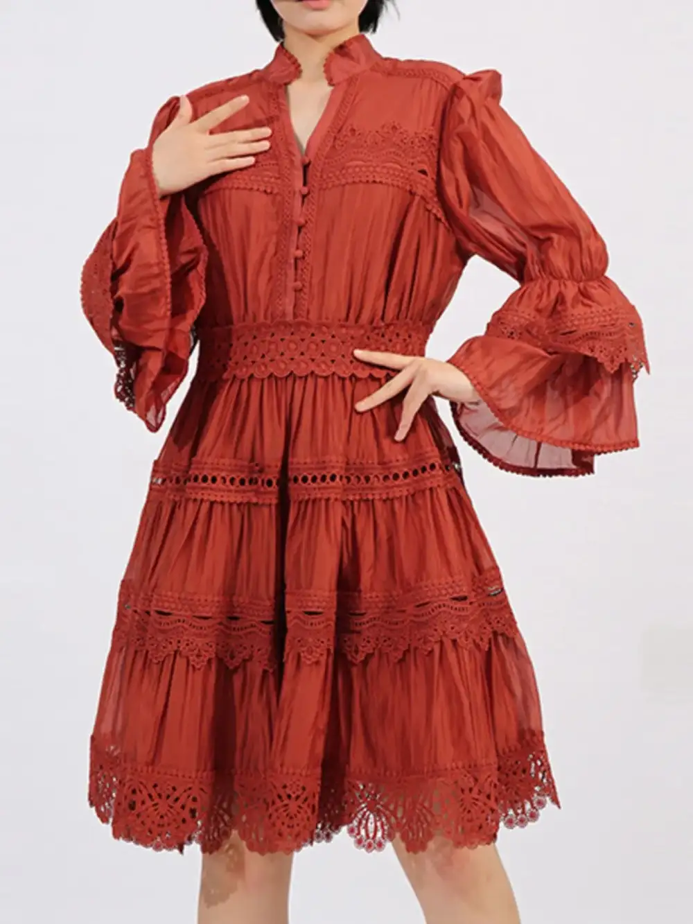 Easy Fit Lace Ruffle Long Sleeve Dress