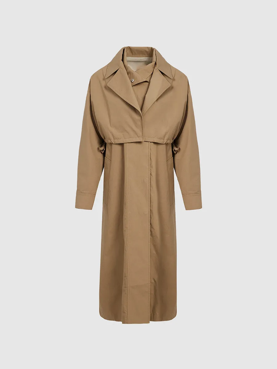Ladies' Khaki Long Casual Style Large Lapel Trench Coat