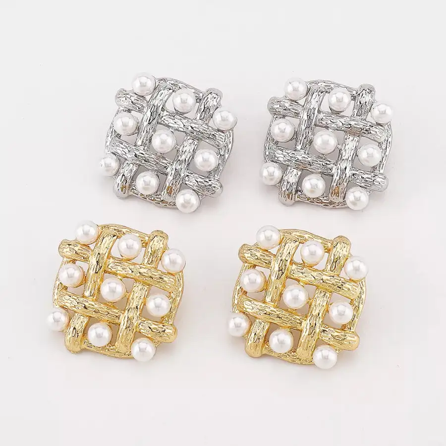 Pearl Grid Square Stud Earrings