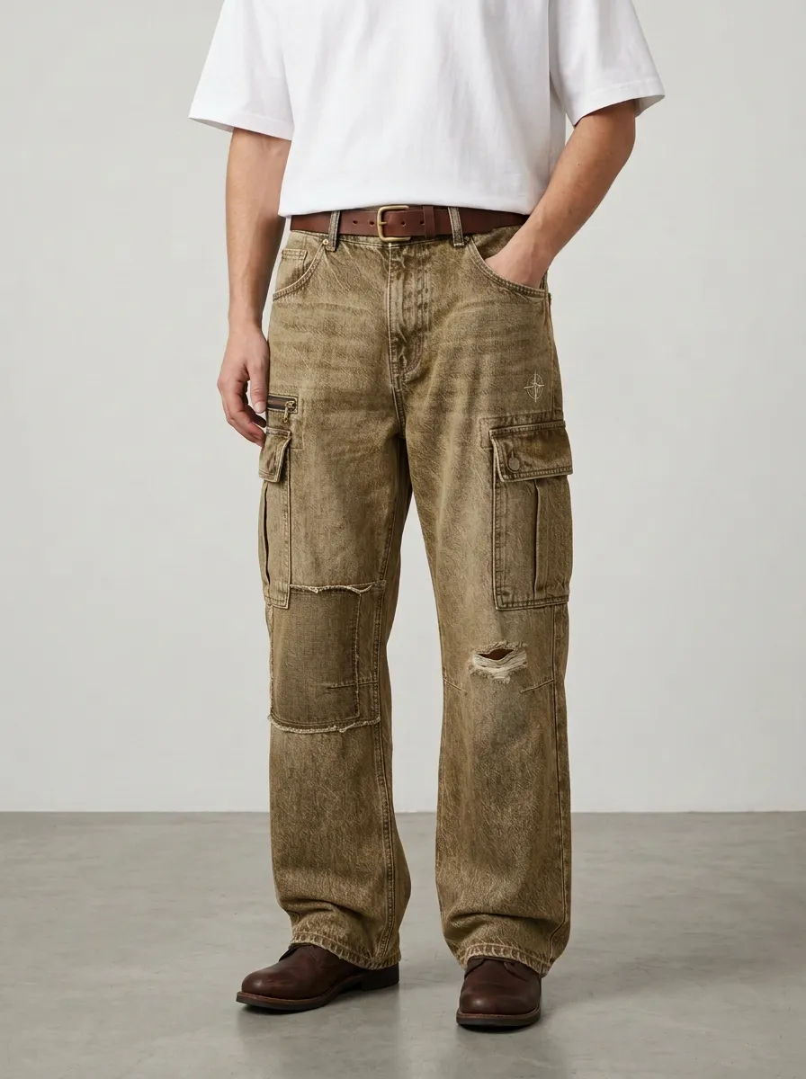 Men's Distressed Patchwork Denim Cargo Pants