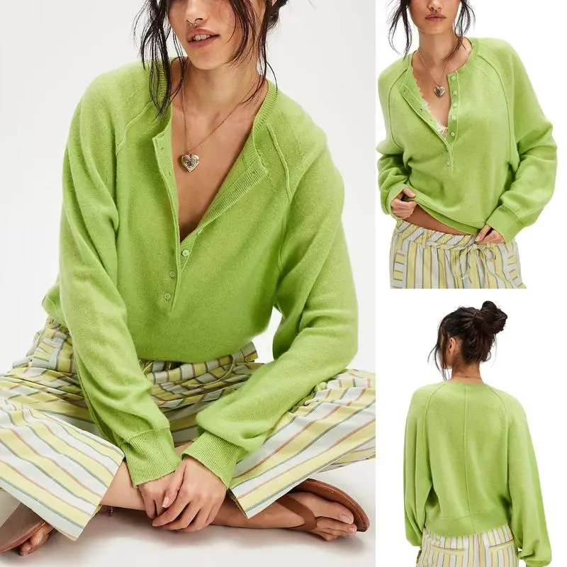 Women's Henley Neck Half-Button Knitting Sweater