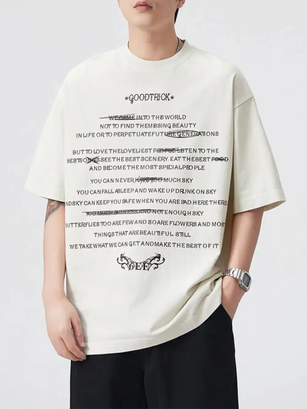 Stretch Letter Round-Neck Short-Sleeve T-Shirt