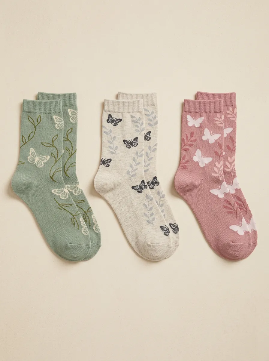 Women's Butterfly Vine Ribbed Crew Socks Three Pair Set
