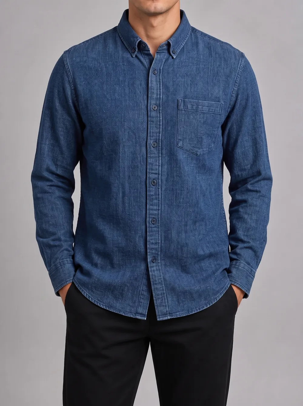 Men's Casual Style Solid Blue Denim Button Down Shirt